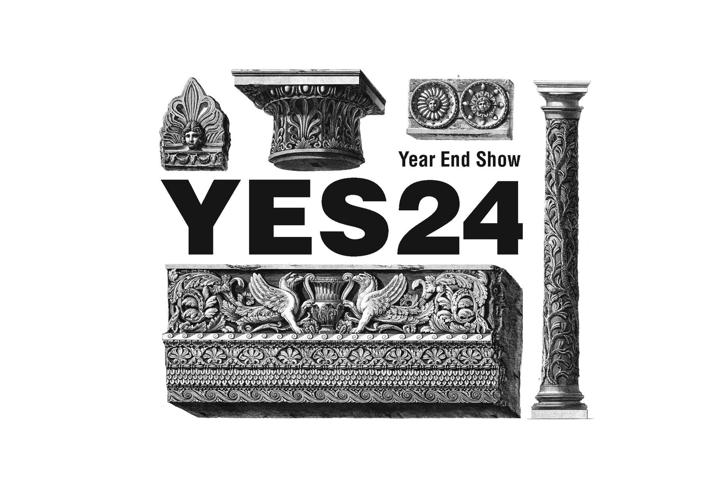 Black and white graphic with the words Year End Show YES Show 24