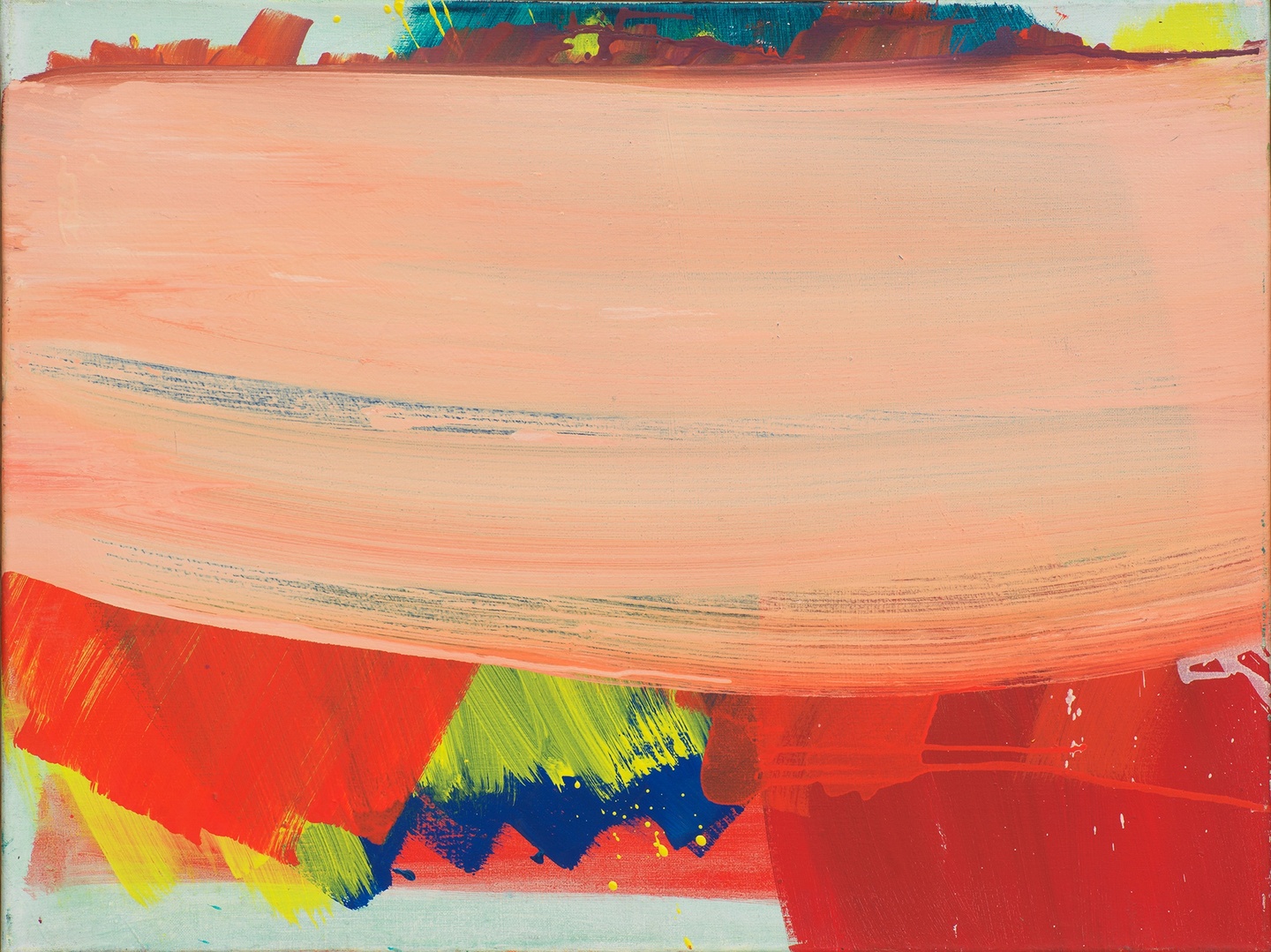 Abstract painting of mostly pink horizontal brushstrokes above primary-colored vertical strokes