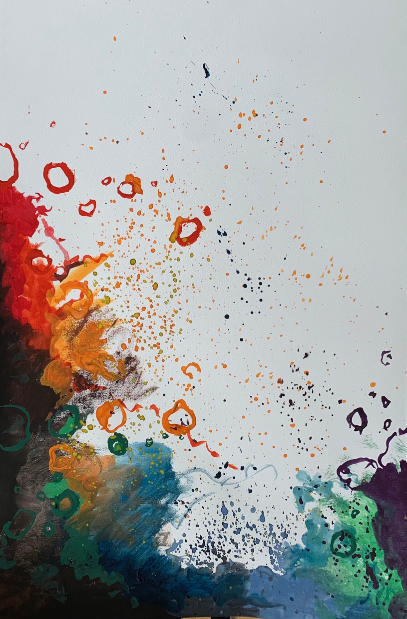 A grayish whit background is encroached upon by rainbow watercolor-like splatters from the bottom and left sides of the artwork. 