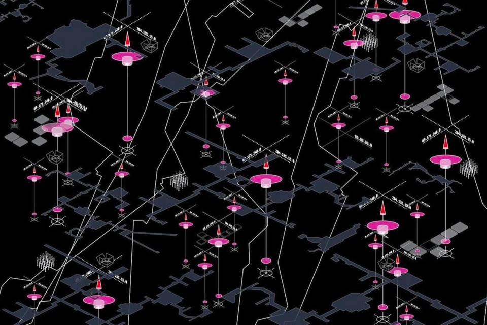 Large-scale diagram of bright pink and orange markers overlaying gray shapes. 