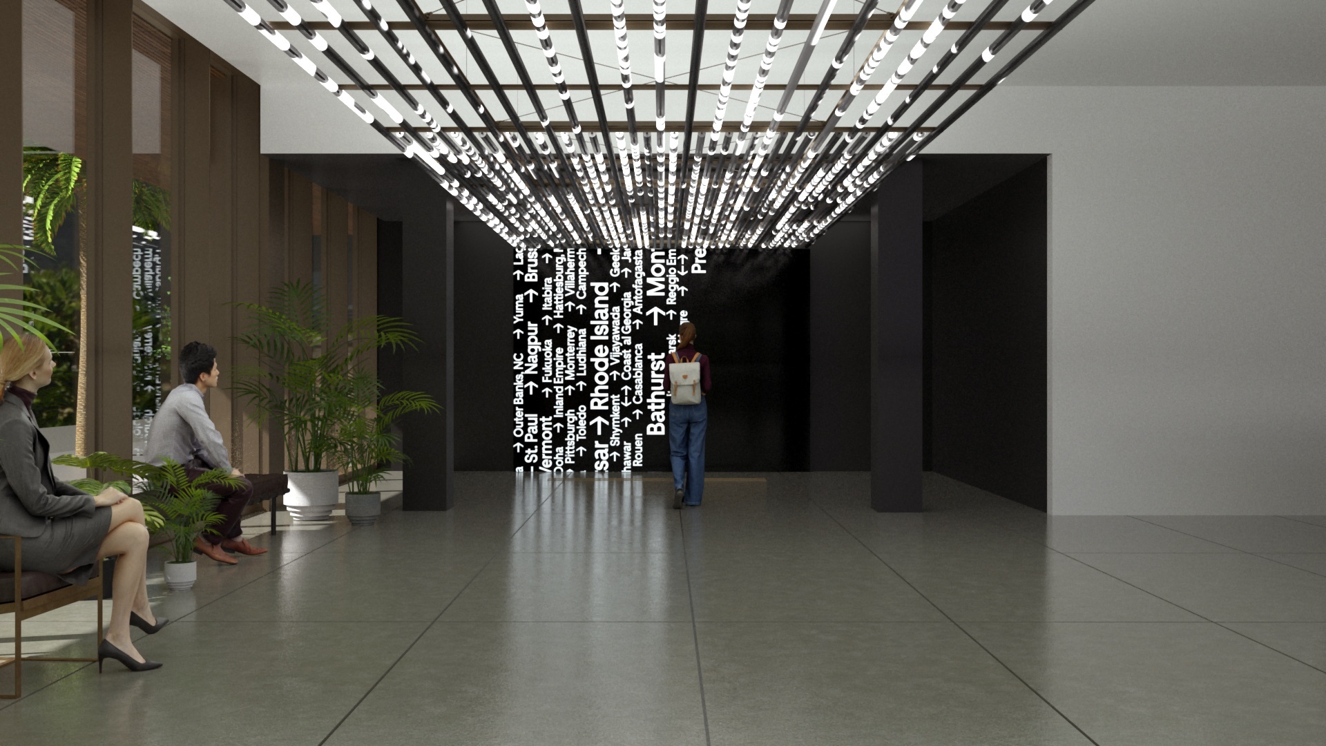Render of woman walking towards square high-resolution screen, with light tubes overhead. City names in white text on a black background are running across the screen and tubes