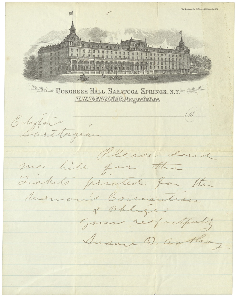 A yellowed and creased hand-written letter on letterhead that features a lithograph of a large colonnaded building and printed words “Congress Hall, Saratoga Springs, N.Y / H.H. Hathorn, Proprietor.”