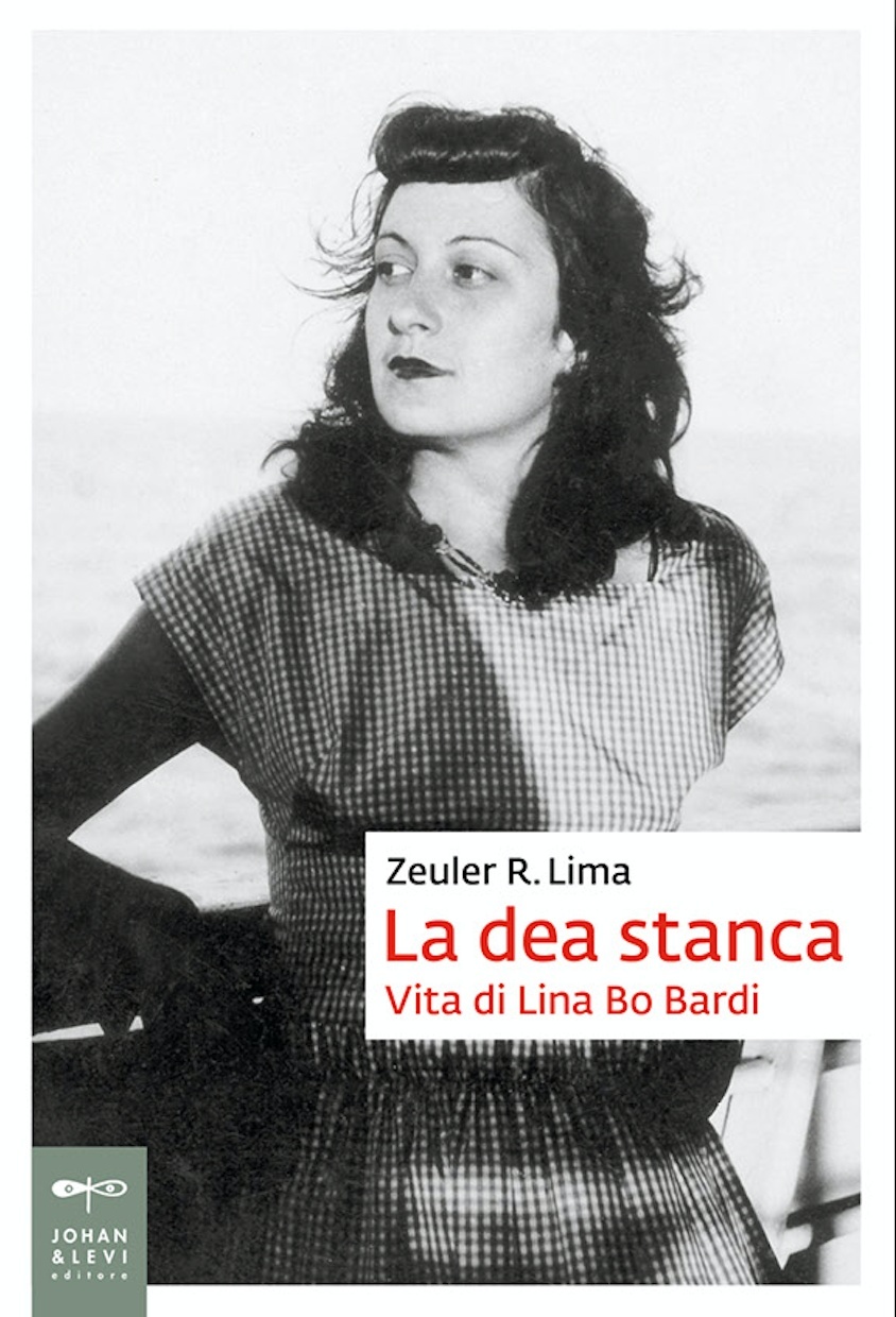 Cover of La Dea Stanca. Vita di Lina Bo Bardi, featuring a black-and-white photo of Lina Bo Bardi, with red and black type for the title.