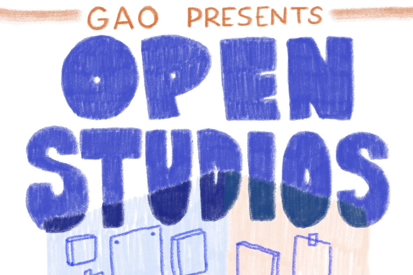 A graphic with orange text that says GAO Presents and blue text that says Open Studios