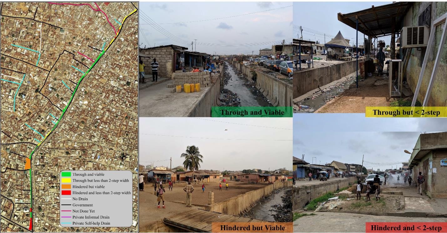 Map on the left and a set of 4 photos to the right, illustrating the self-organized pedestrian space along the Nima Drain.