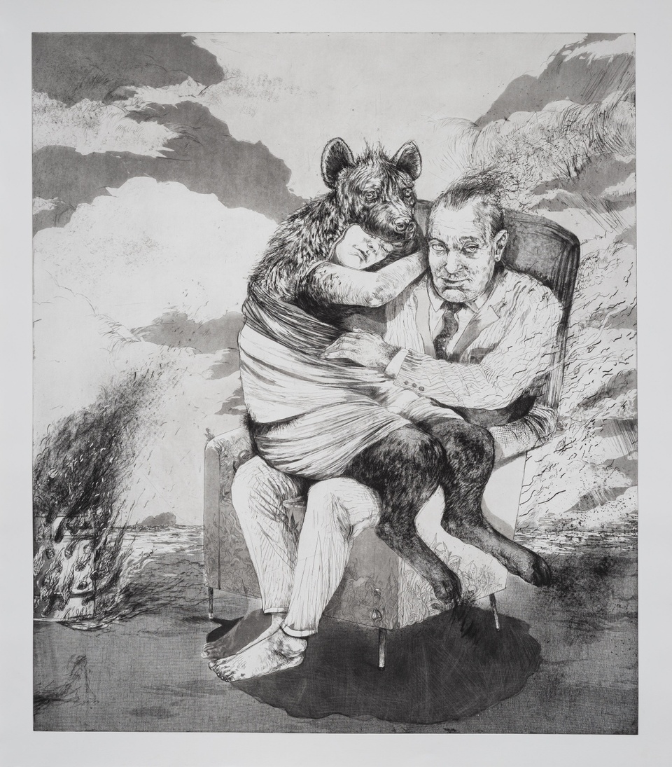 black and white print showing a man in a chair with a woman on his lap wearing a hyena mask on her head