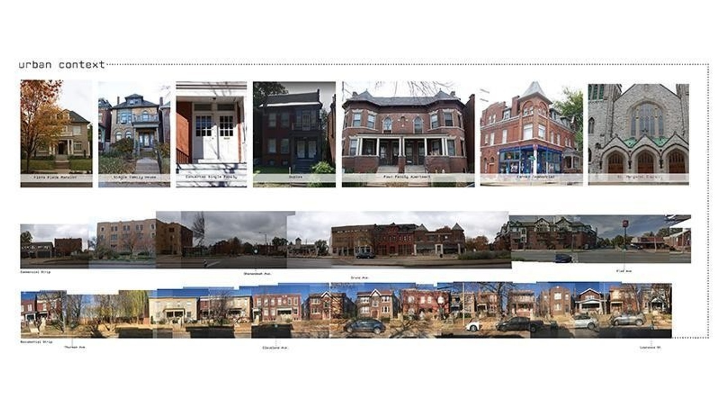 A series of pictures of buildings stitched together showing different streets.