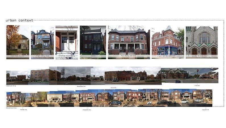 A series of pictures of buildings stitched together showing different streets.