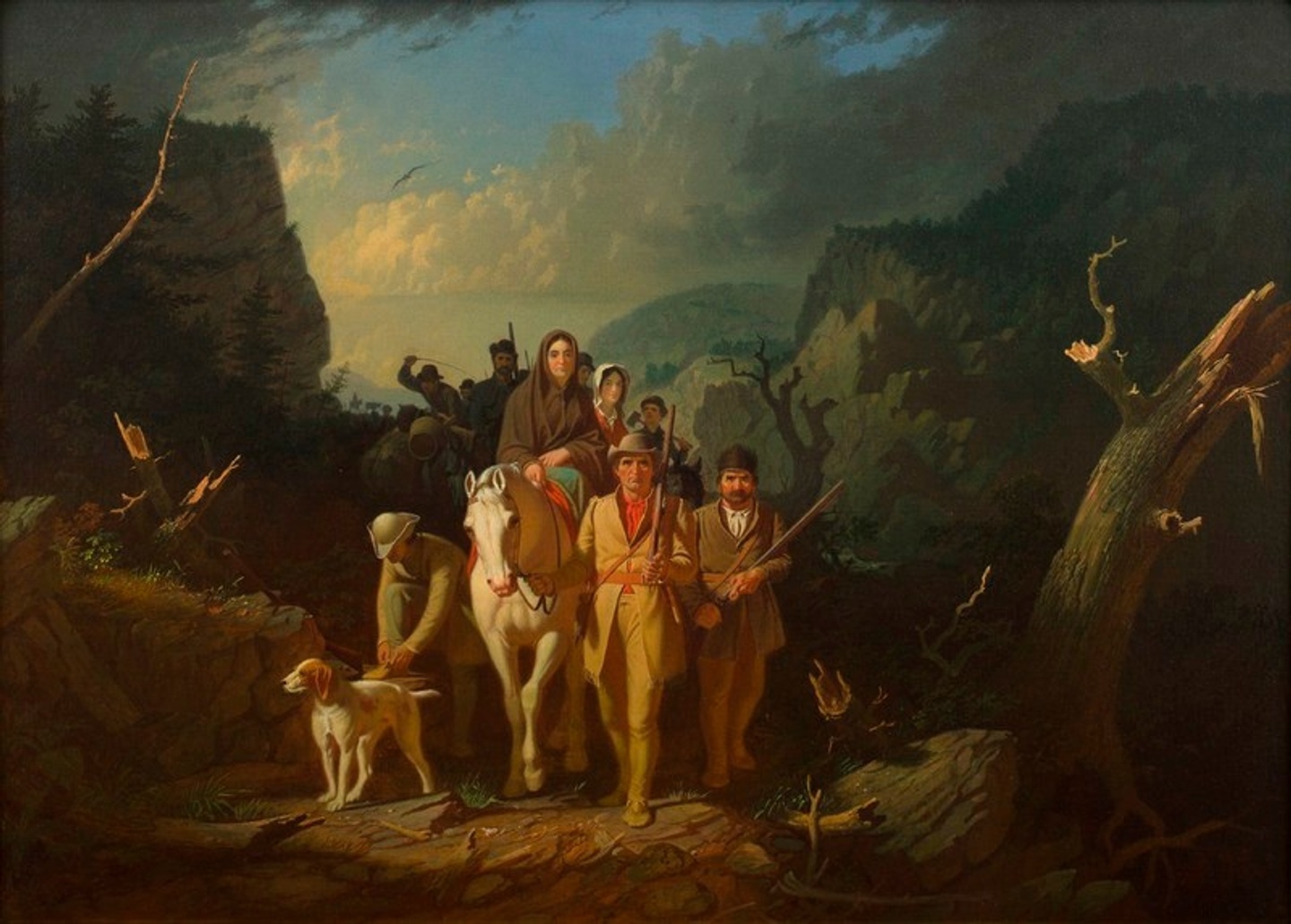 Oil painting by George Caleb Bingham of Daniel Boone walking next to a horse with a woman riding and a group of people following behind them