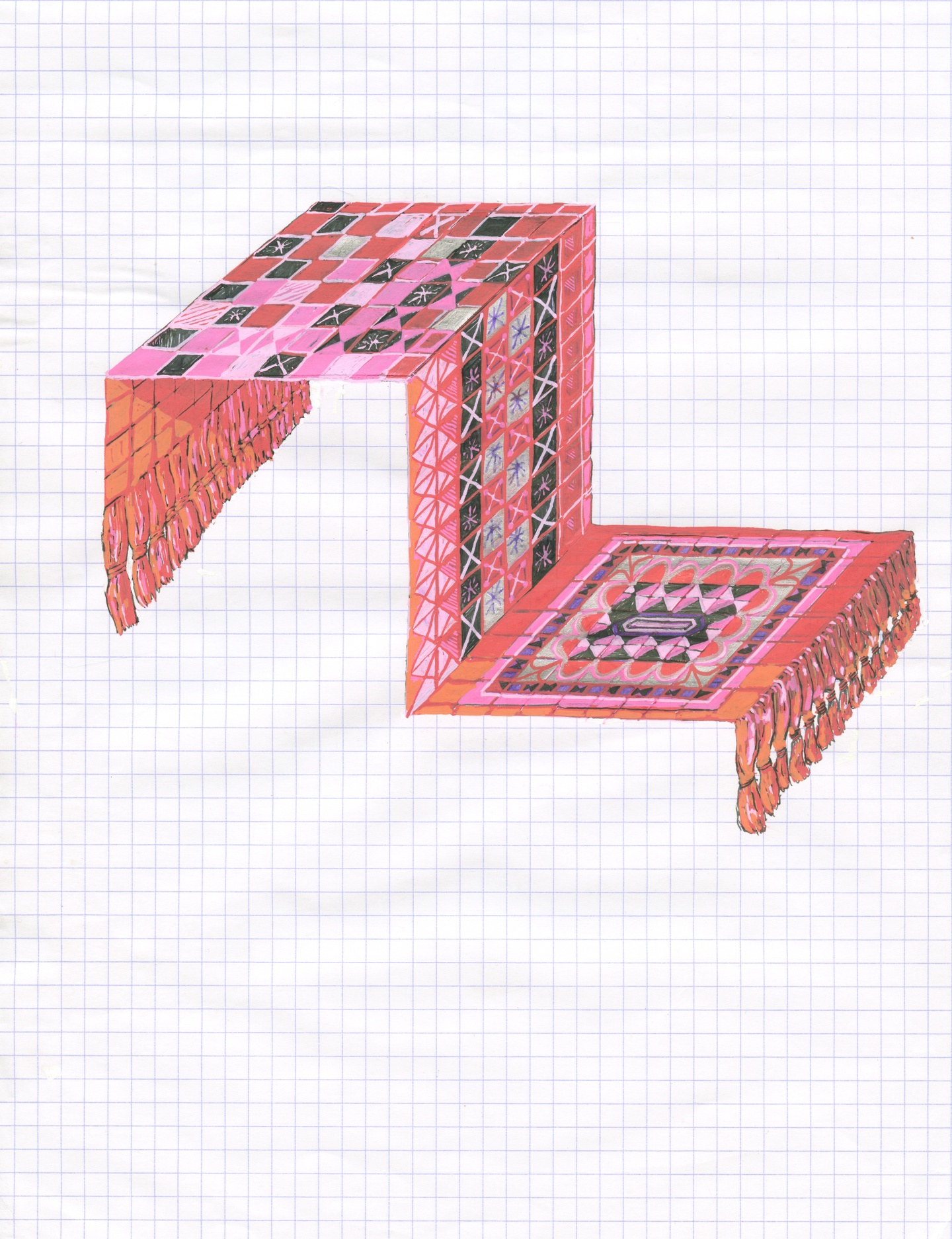 On a square-gridded background, a rug/carpet in red, pink, vermilion/orange, the pattern on which is geometric and its tassels in an orange/pink hue. The rug is depicted in a schematic way, as if resting/placed on invisible blocks, so that it drapes over the grid in a sharp manner.