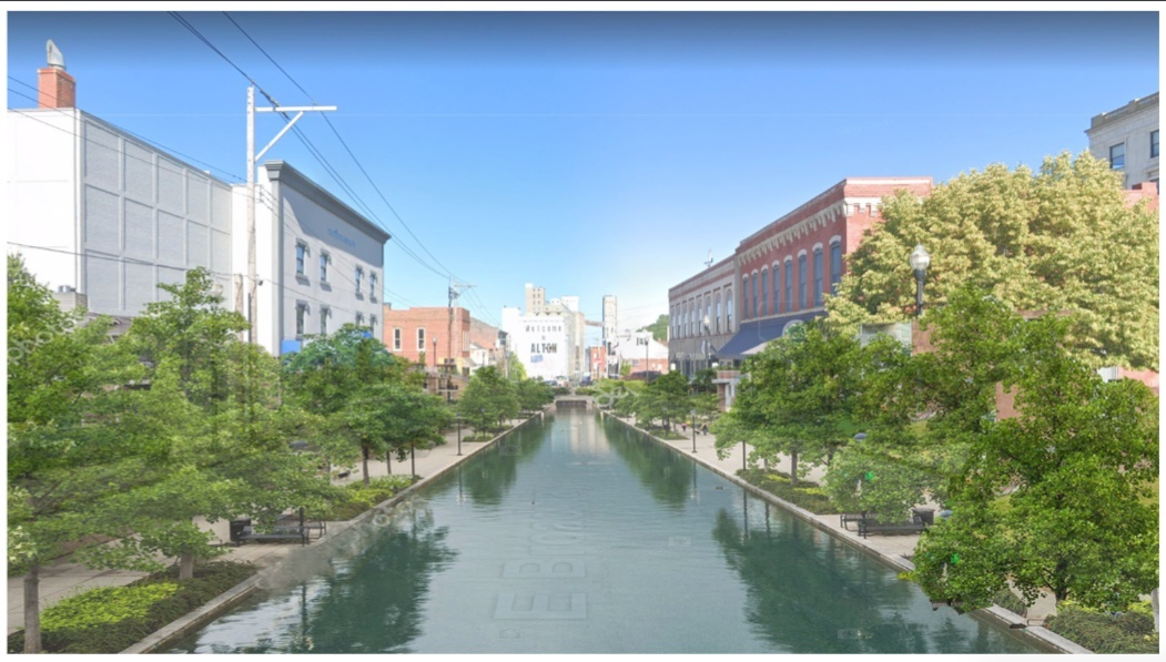 A rendering shows a canal between buildings, with trees on either side.