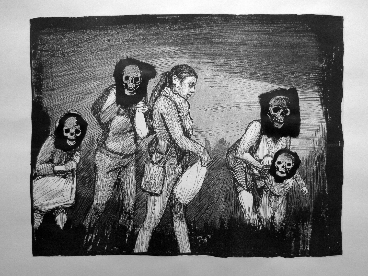 Black-and-white stop-motion drawing animation featuring an individual with a satchel walking among four other individuals with skeleton heads.