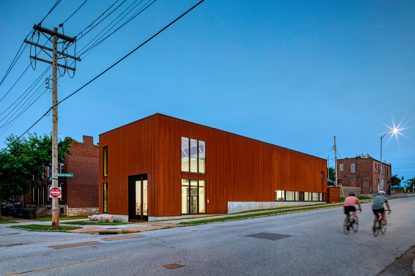 Photo of a modular, two-story building on a residential street in St. Louis