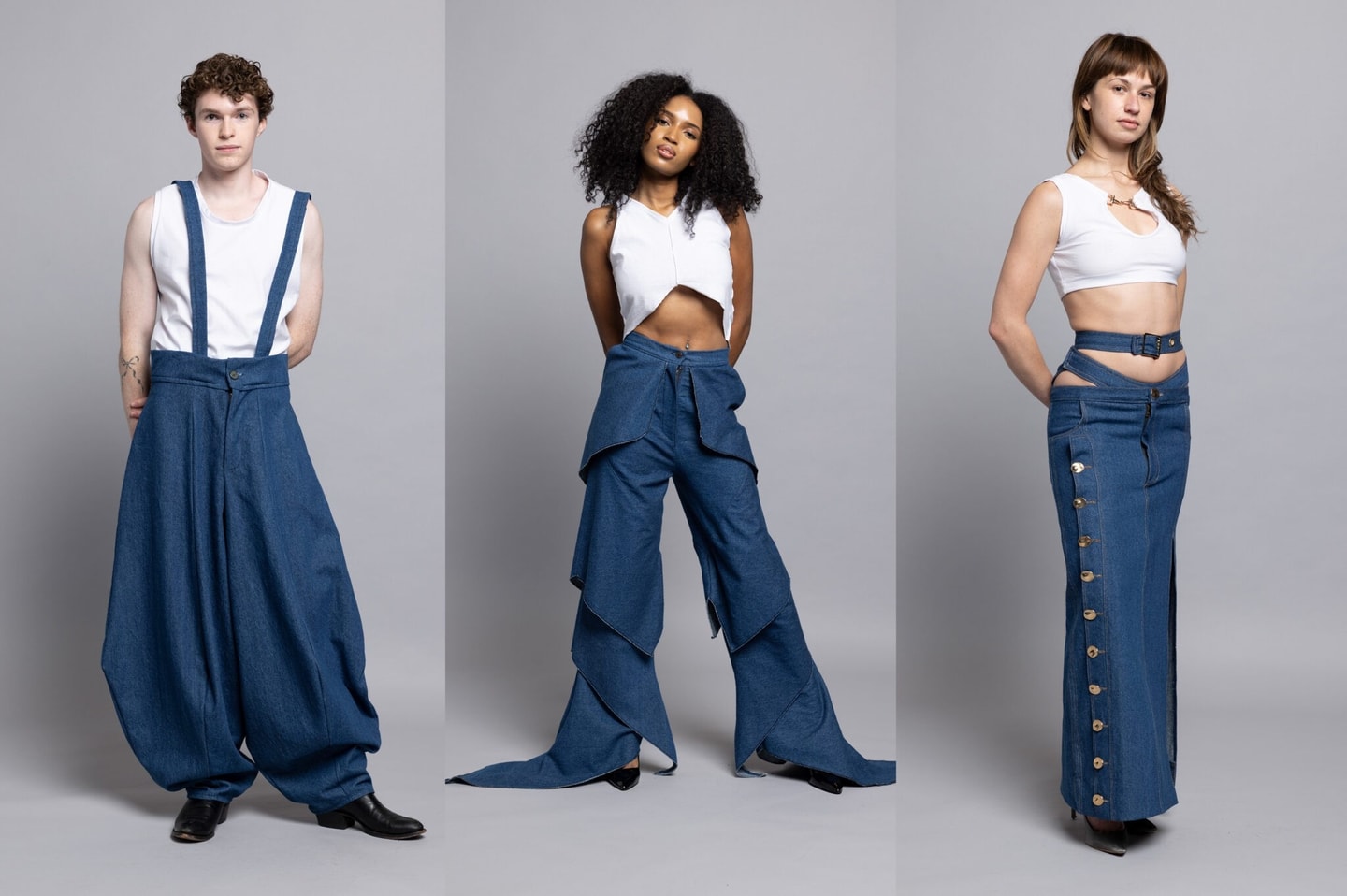 three models wearing white shirts with denim pants from a collection