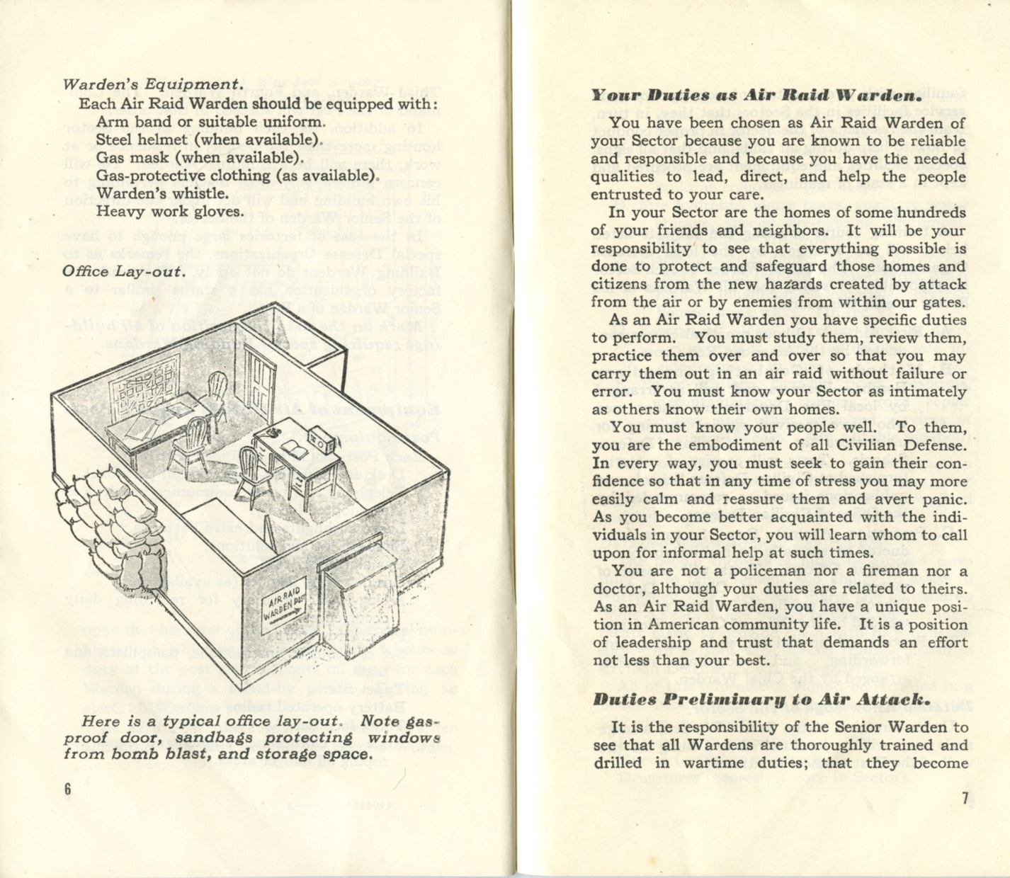 A yellowed page from a handbook shows a drawing of an office space layout, with sandbags protecting the window and a protected door. A headline on the right page states “Your Duties as Air Raid Warden” accompanied by a text explanation.