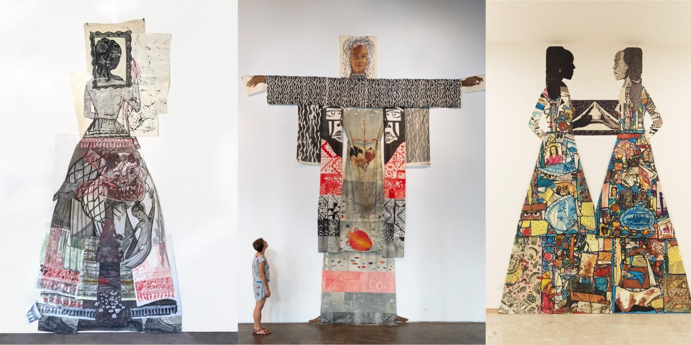 Three works by Paula Wilson—from left: large-scale collage installation of a figure with a large hoop skirt, holding a frame around their head; photo of a person in a gallery, staring up at a large-scale collage installation of a figure; wall installation of a collage featuring two figures facing each other, hands touching, the edges of their multi-patterned skirts melding together.