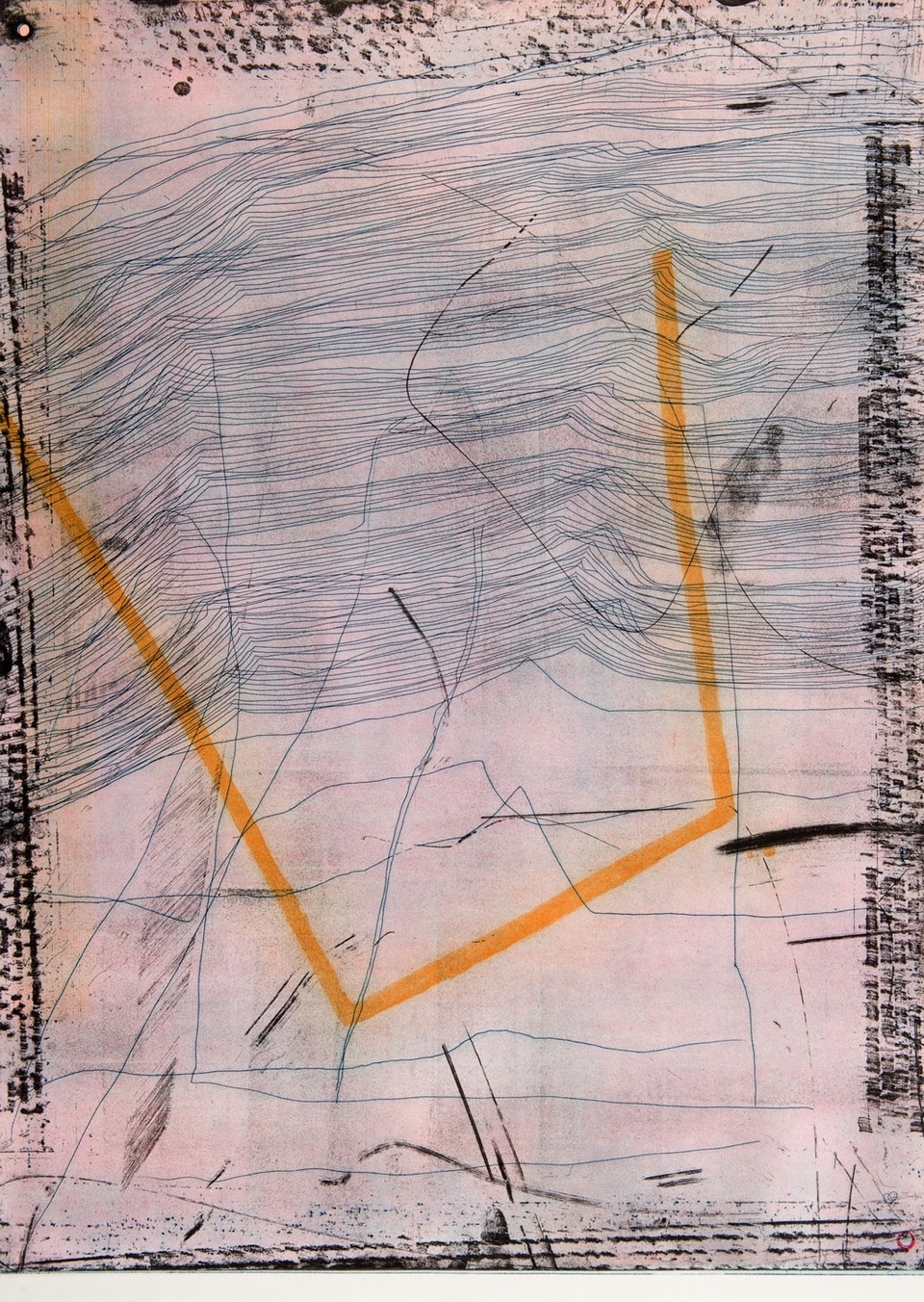 Abstract composition of yellow, open form with thin blue lines in front on a pale pink background with short, black marks along the left and right border