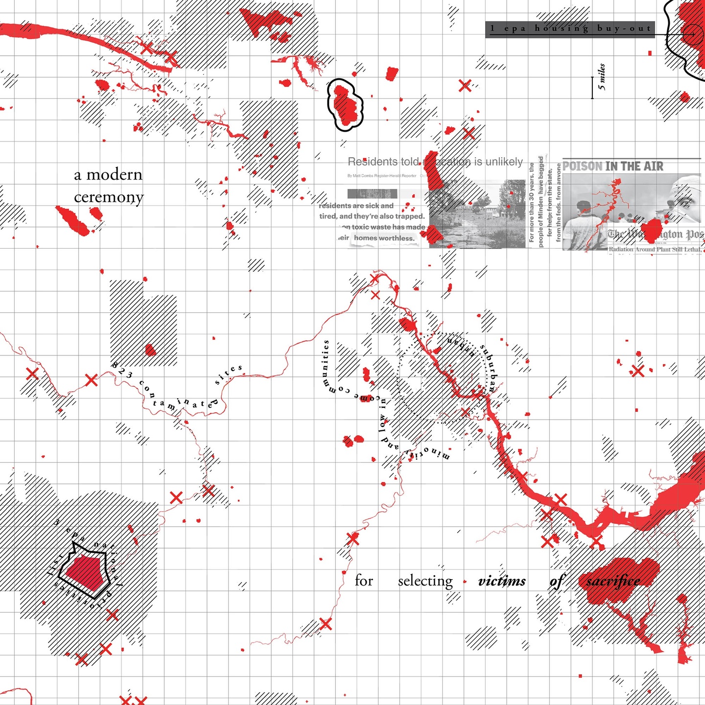 An abstract map of Minden with red splashes of colour with labelled EPA buyout areas and newspaper clippings about the state of the city