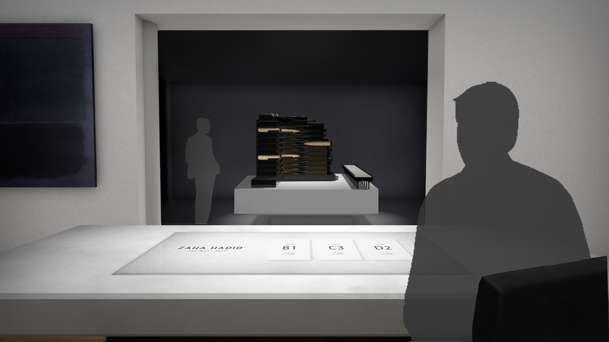 Perspectival render of person looking at interactive screen on table, beyond which is an entrance that leads to an architectural model