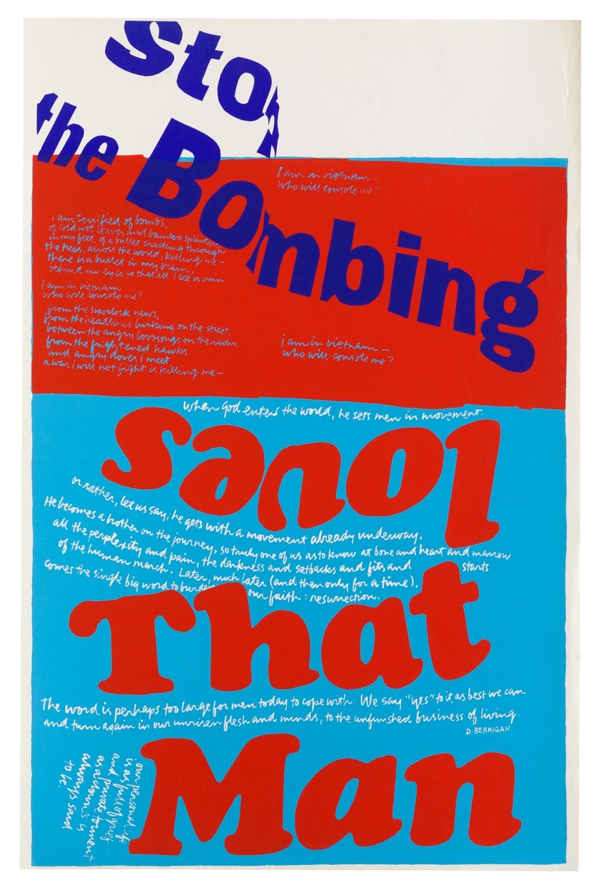 A red, white, and blue screenprint with text “Stop the bombing” scrolling along the top half in blue and “loves that man” along the bottom half in read with “loves” printed upside-down.