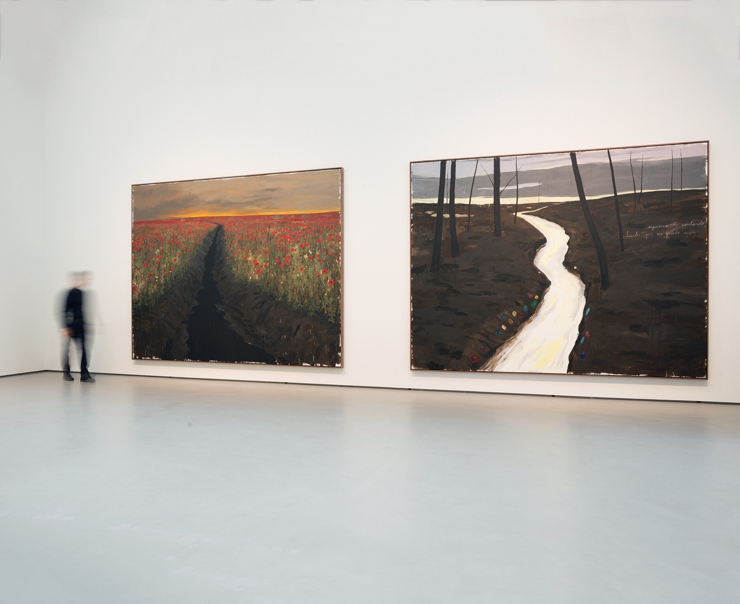 Gallery view of two landscape paintings. On the left is a vast field with red flowers and on the right is a barren swamp