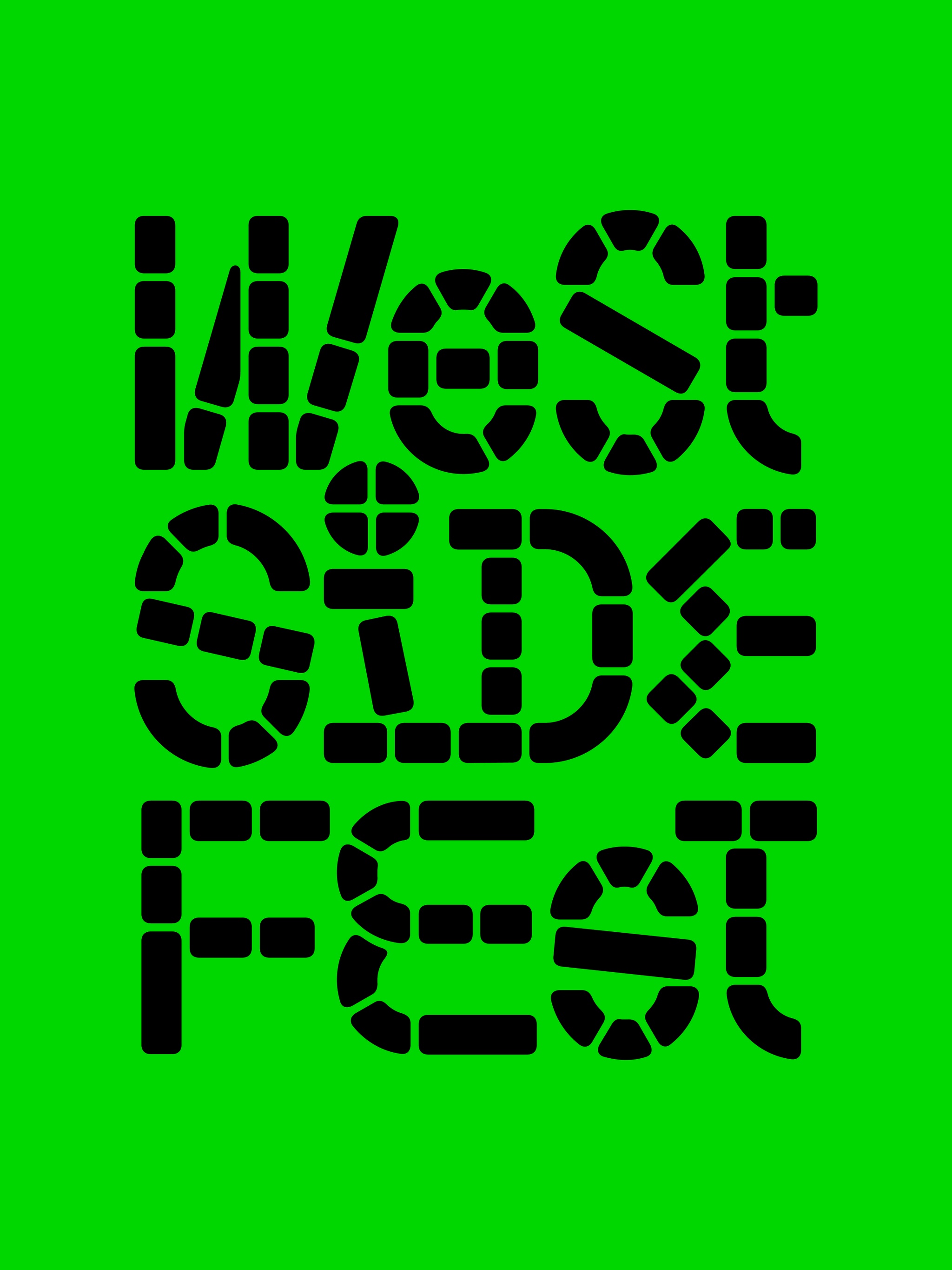 The event title West Side Fest on a lime green background. The letters are made of individual squares that resemble cobblestones. 