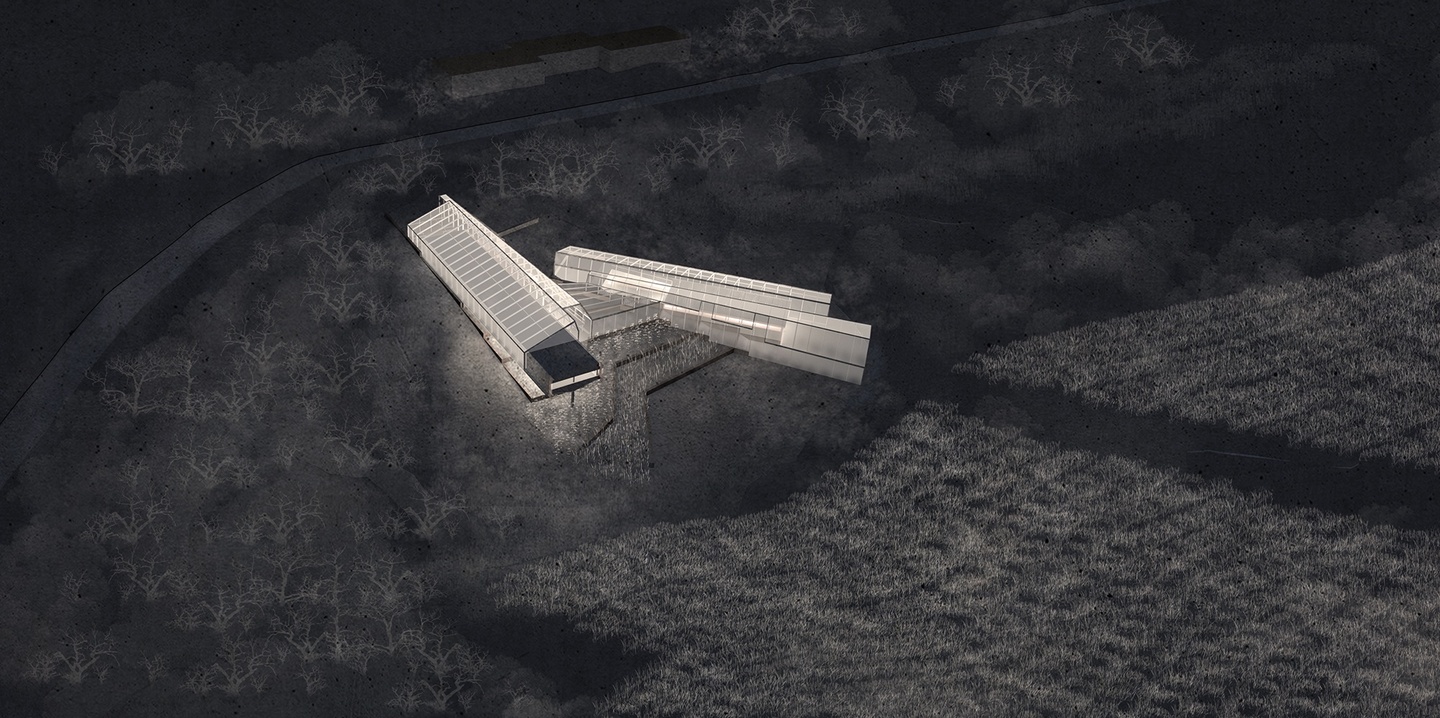 Computer rendering of a bird's eye view of a two rectilinear buildings angled together glowing white in darkened natural landscape.