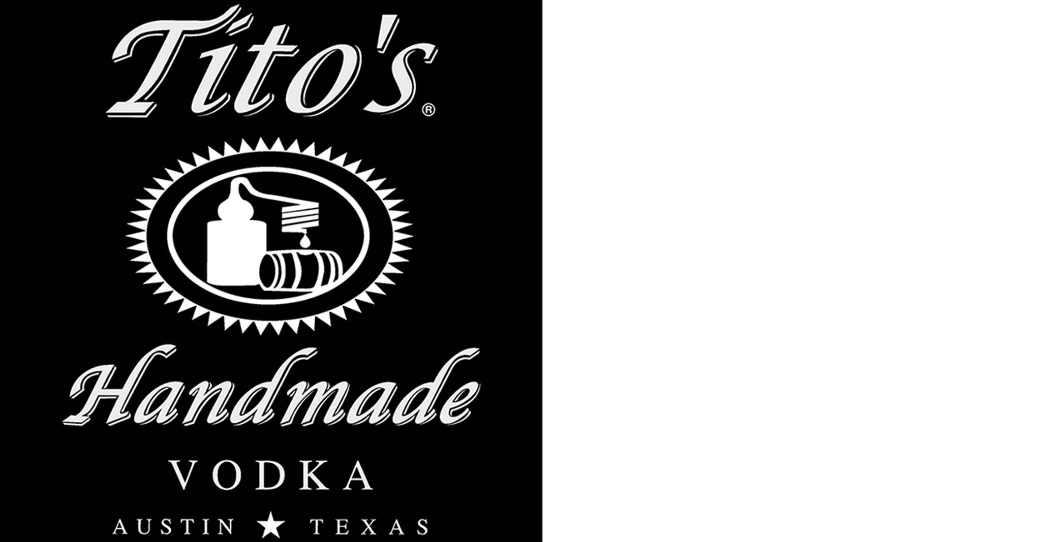 The Tito's company logo which reads Tito's Handmade Vodka on a black background