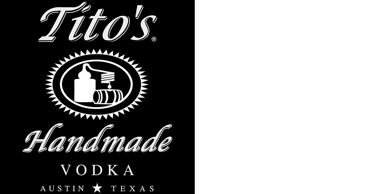 The Tito's company logo which reads Tito's Handmade Vodka on a black background