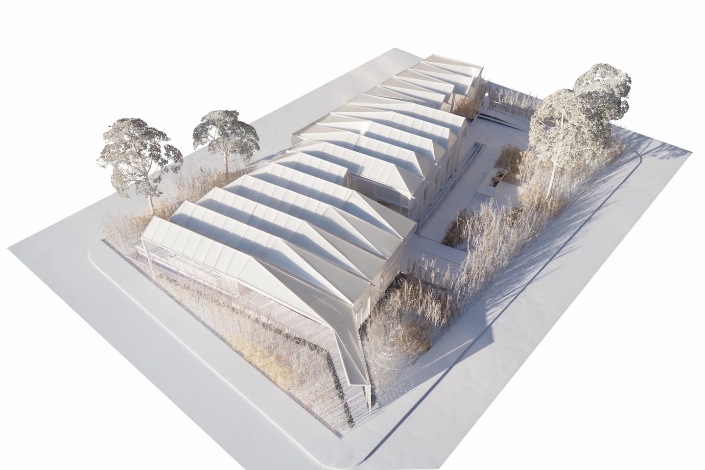 3D birds eye view rendering of a wide building of two to three floors with a zig zagged irregular roof design