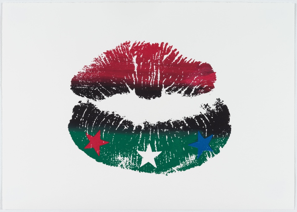Red, green, and black image of a pair of lips with stenciled stars to reference a flag.