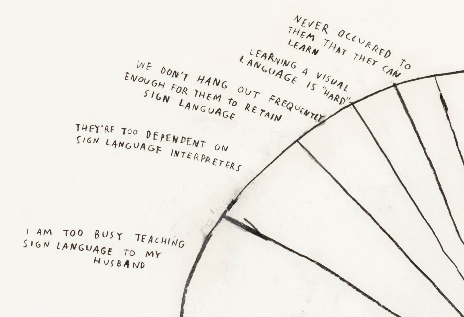 Details of a pie chart with the words “Never Occurred to them that they can" and "Learning a visual language is hard" and "I am too busy teaching sign language to my husband."