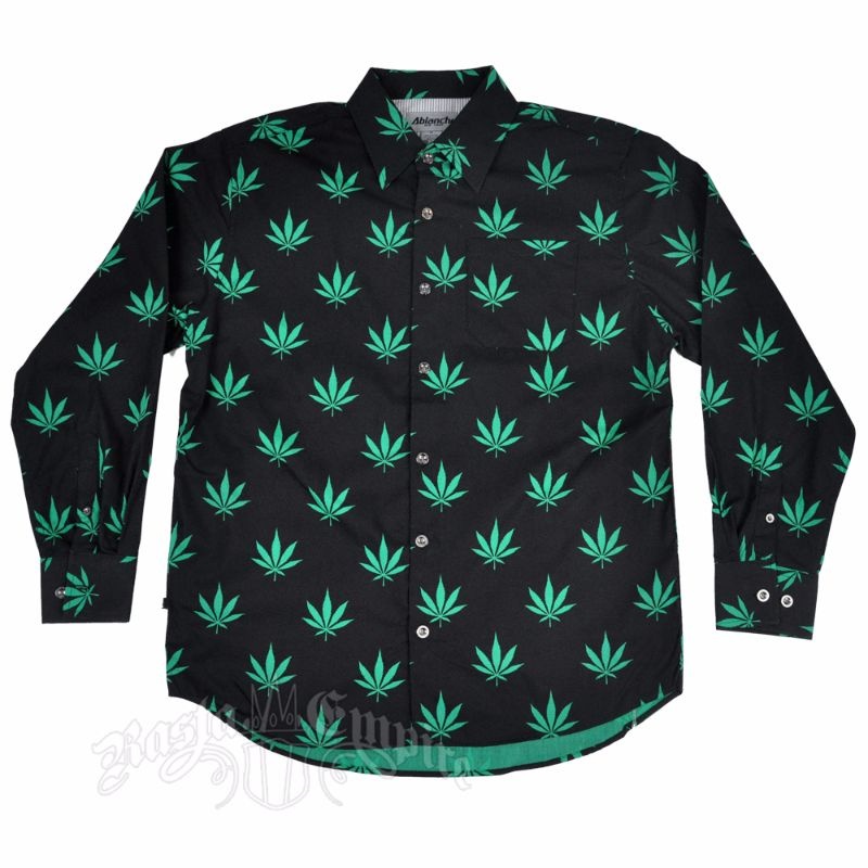Marijuana Leaves Black & Green Button Down Long Sleeve Shirt