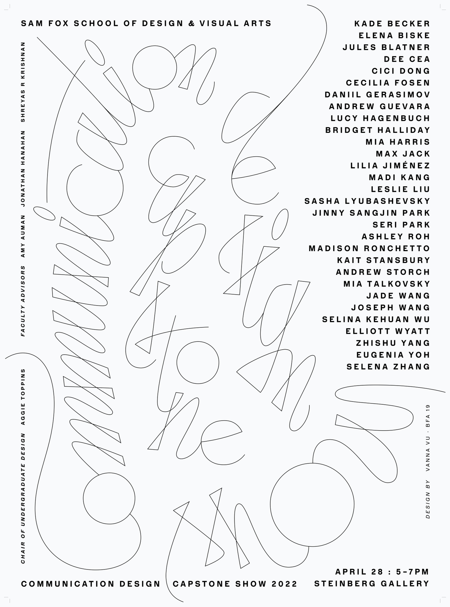 Black-and-white poster image for the Communication Design Capstone Exhibition, with the title written in scripty cursive font.