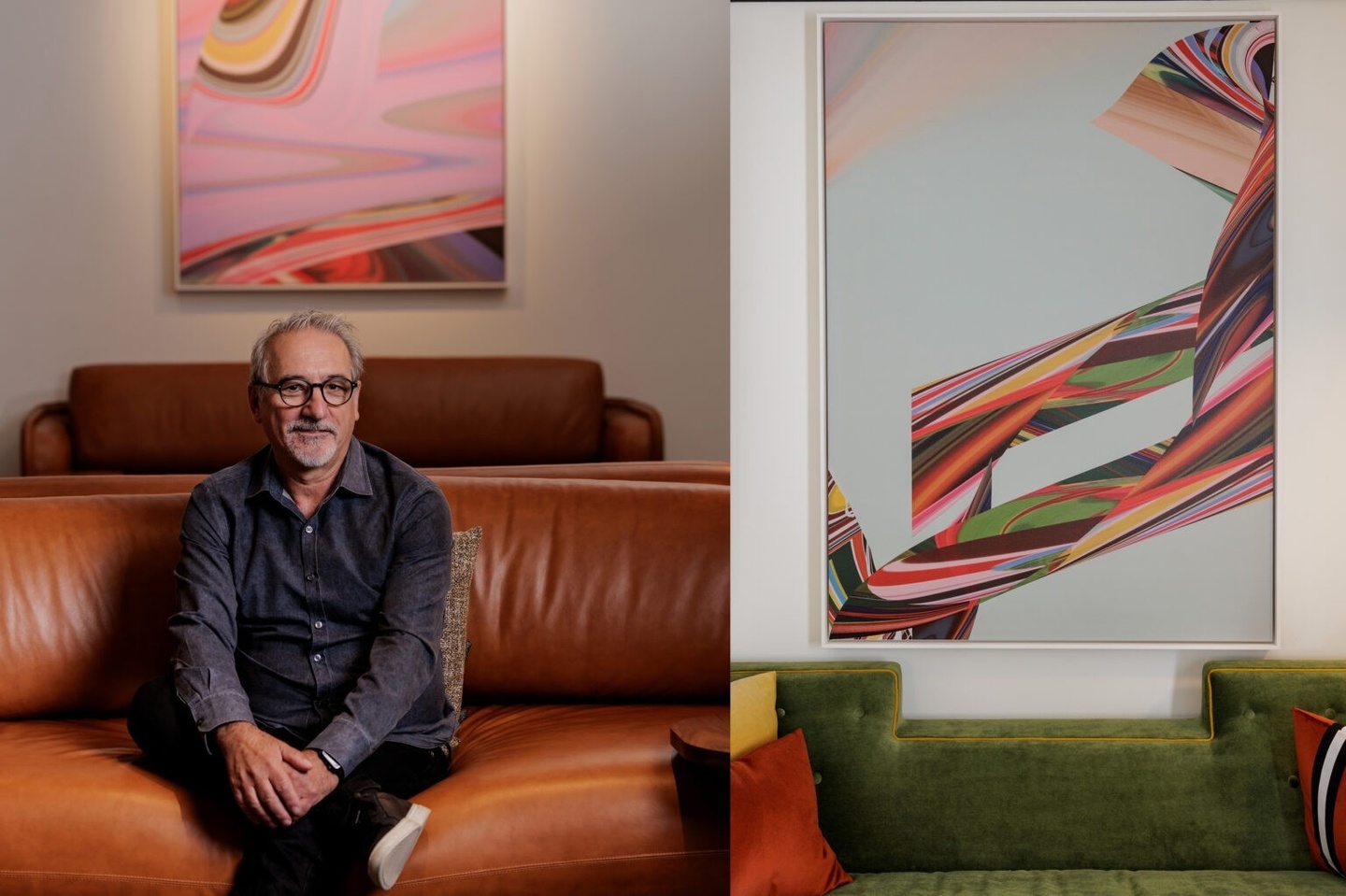 Side-by-side photographs. In the one on the left, a man sits on leather sofa with an abstract, colorful print hanging on wall behind him. In the image on the right, a different abstract colorful print hangs on a wall with an olive green settee in front of it.