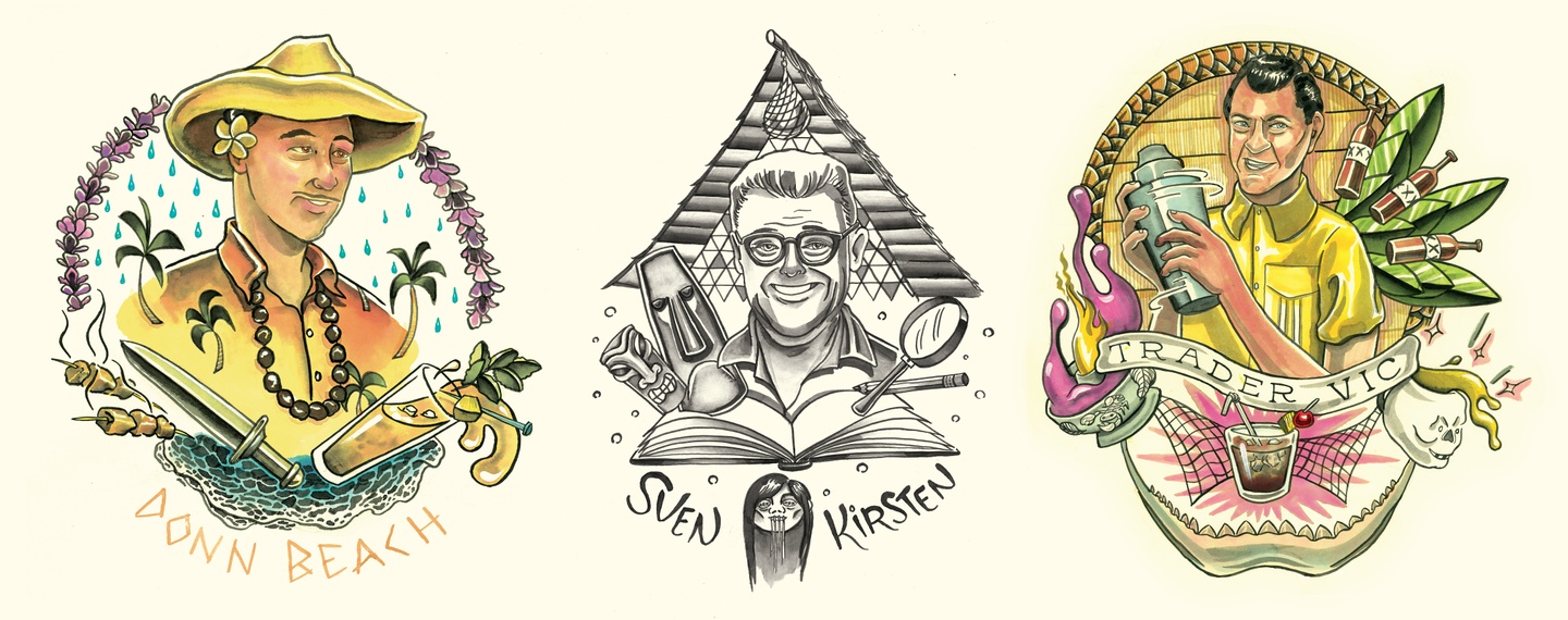 Three tropical tattoo designs depicting Donn Beach, Sven Kirsten, and Trader Vic with different tiki paraphernalia.