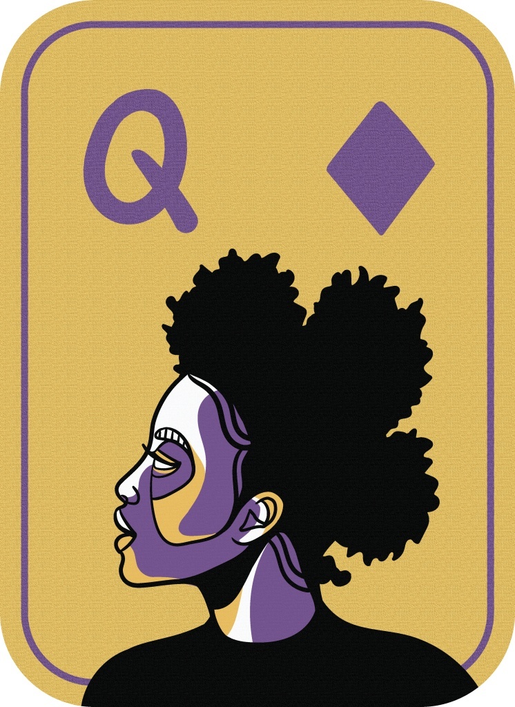 Image of a card with a yellow background, showing a figure in profile featuring a hairstyle. The letter Q appears in the left corner, and a symbol of a diamond appears in the right corner. 