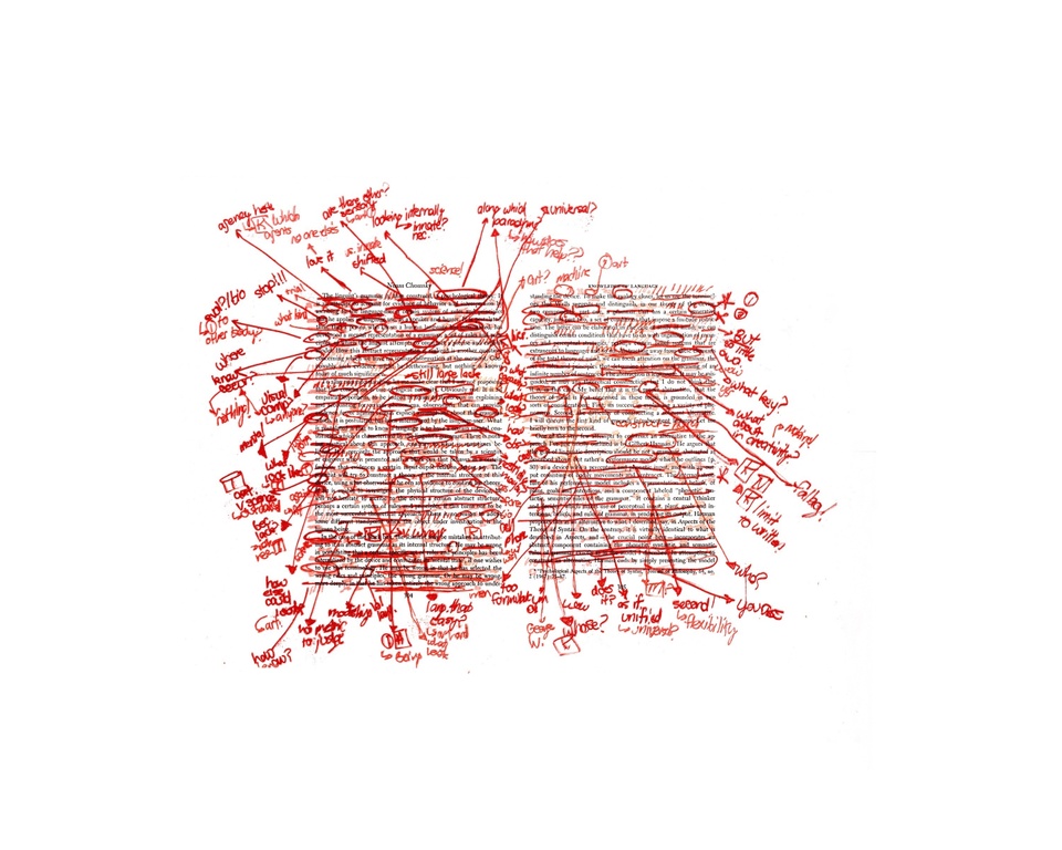 A page spread of Noah chomsky's knowledge of language with red handwritten annotations and arrows all around it