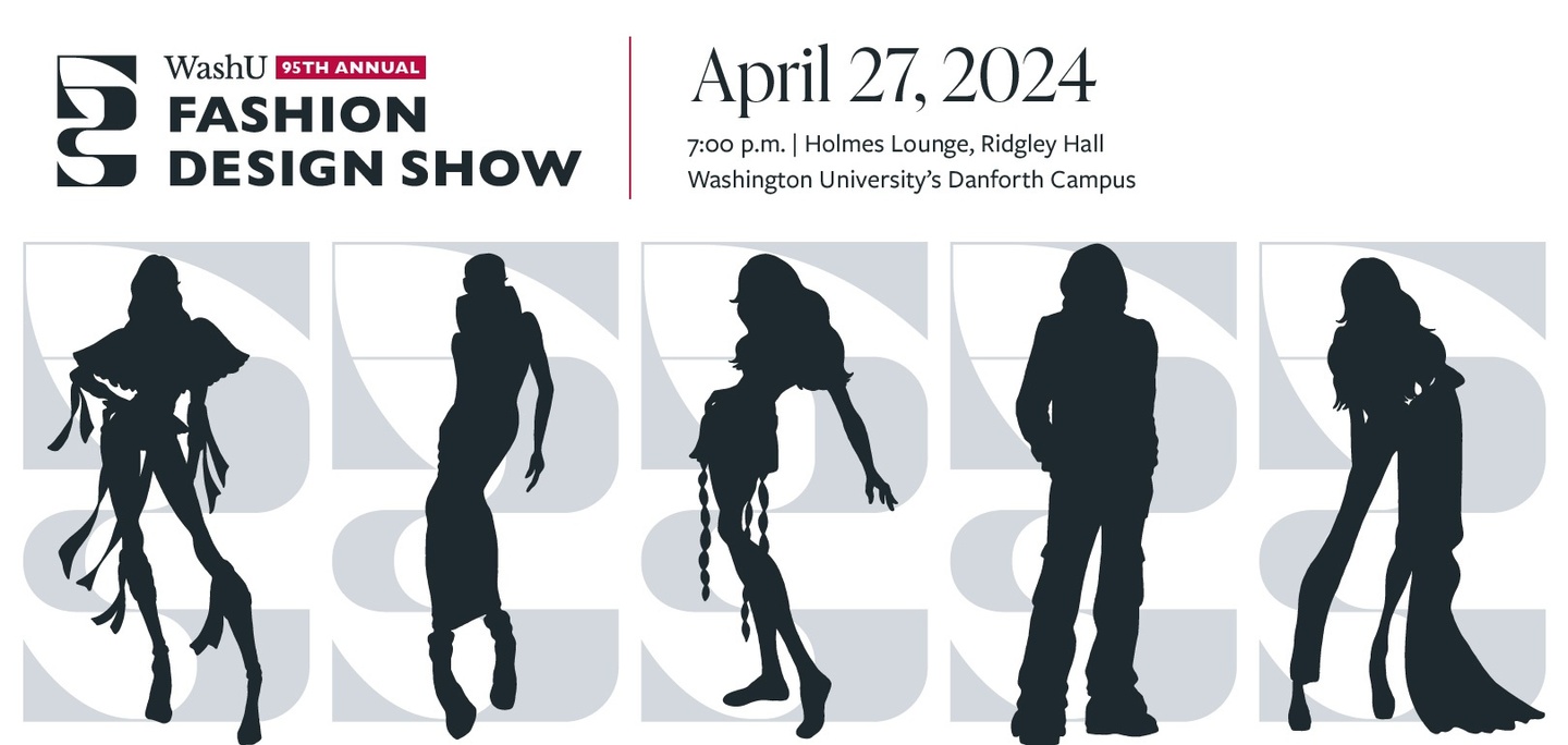 Fashion Design Show event graphic showing five silhouettes of models.