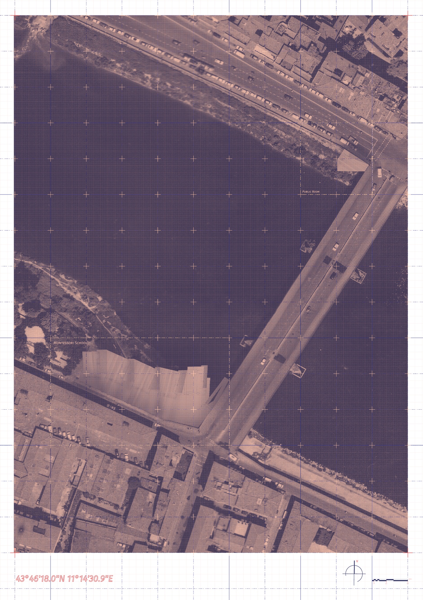Aerial photo of a bridge across an urban canal, rendered in dark purple and pale pink duotone, with a grid structure overlaid and small notations.