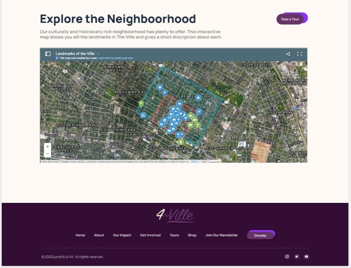 Screenshot of a mockup of a website titled “Explore the neighborhood” with a map showing places marked.  