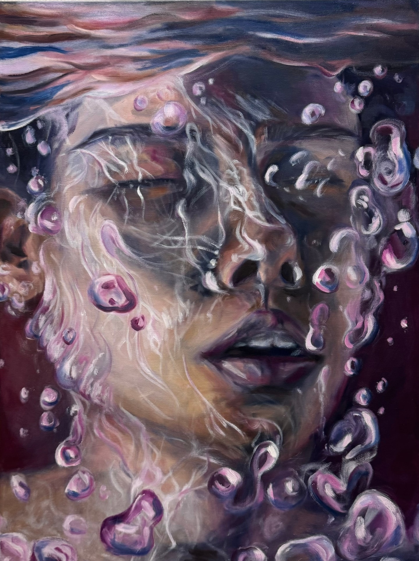 Painting of a person's head underwater.