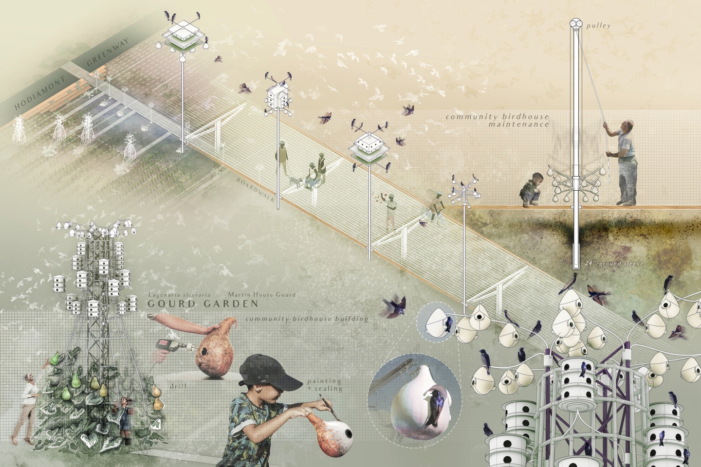 Site plan showing the Hodiamont Greenway connected to a boardwalk area with bird houses sited along it. Collaged drawings show plans for birdhouse designs and a gourd garden to grow gourds to be used as bird houses.