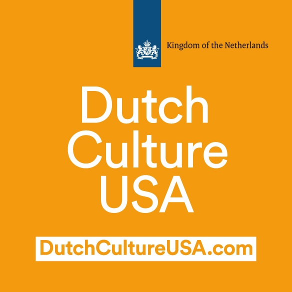 An orange square with the seal of the Kingdom of the Netherlands with the words "Dutch Culture USA DutchCultureUSA.com"