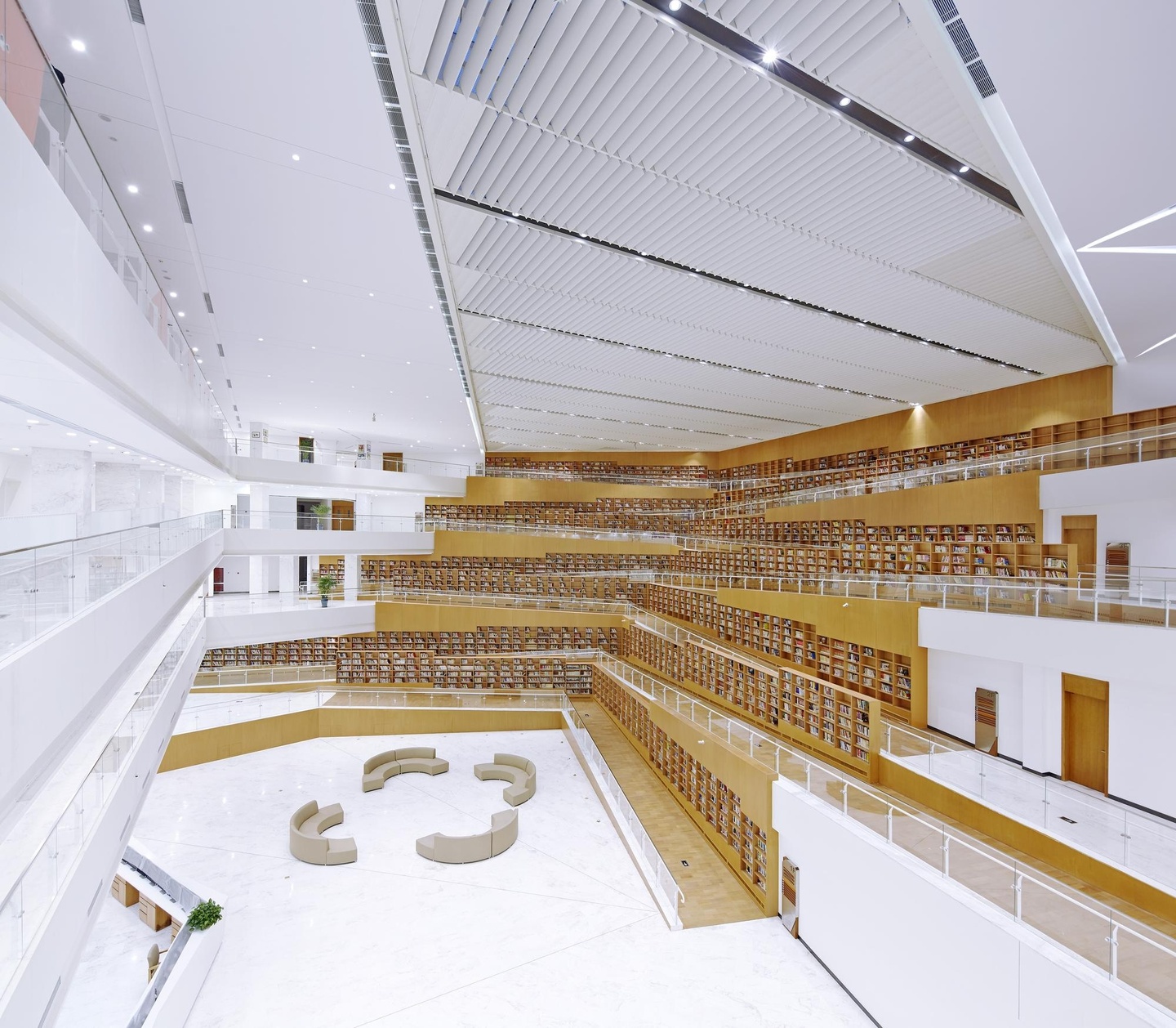 Image of building interior with tiered levels and shelving