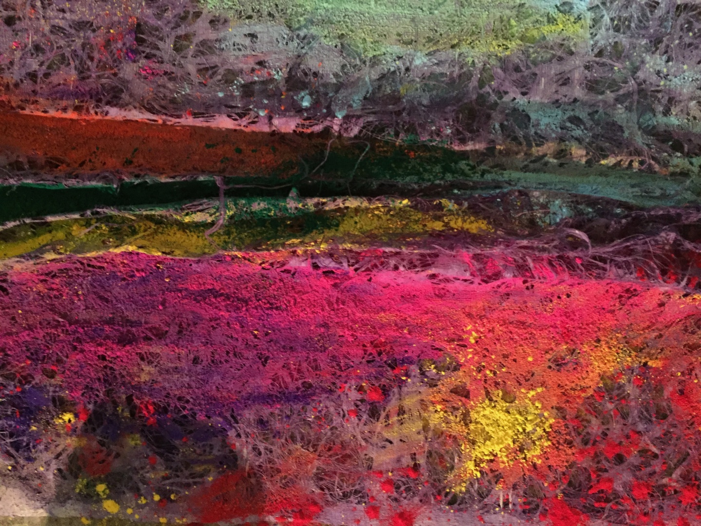 abstract landscape rendering in pinks, greens, yellows 