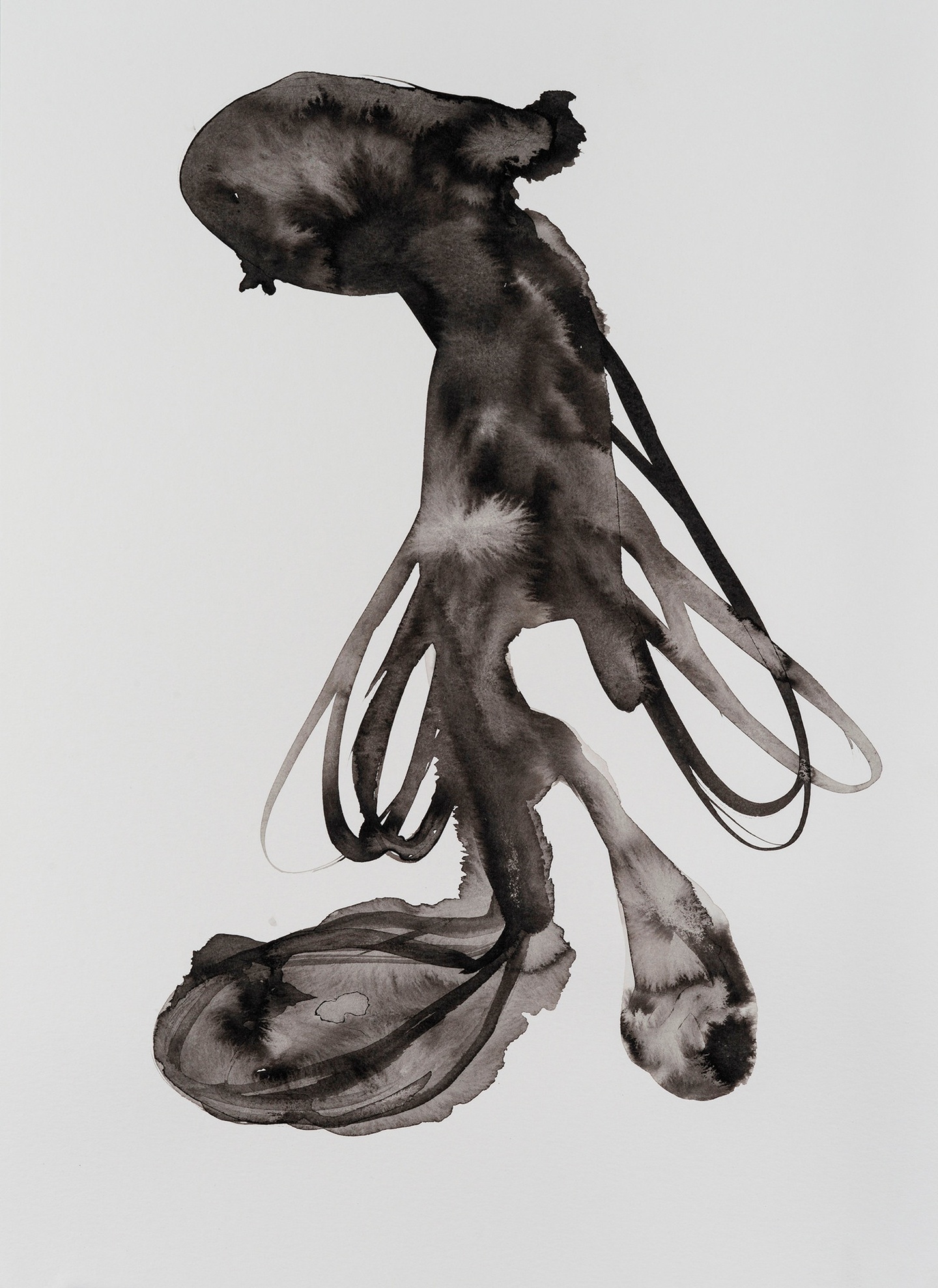 An organic, amorphous form painted in black on paper, with several loops curving outward and back as if wings. The ink gathers in pools across the composition, creating a crisp silhouette.