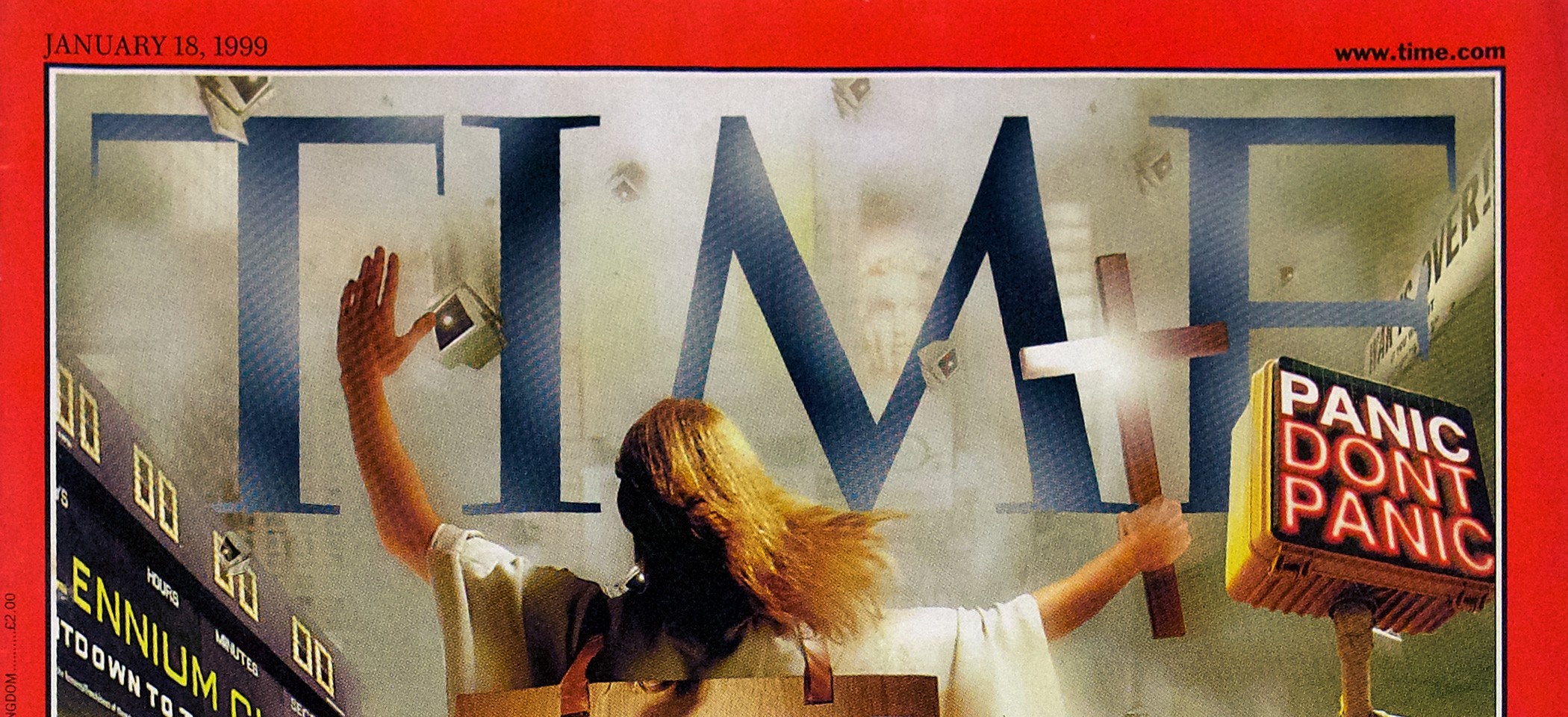 The top portion of the cover of Time magazine from 1999 with computers falling from the sky