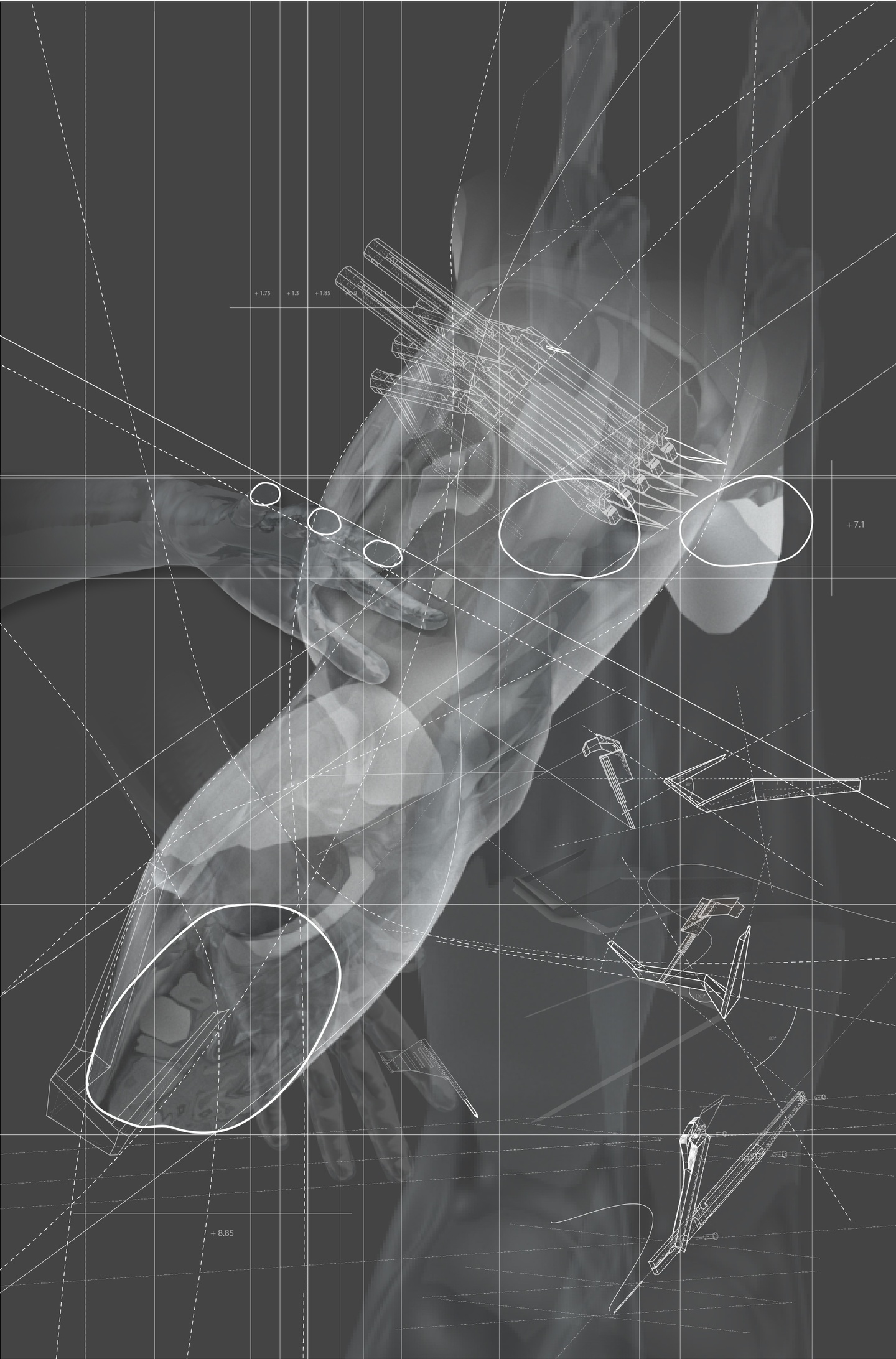 White on grey background digital drawing resembling x-rays with various organic shapes with outlined mechanical shapes