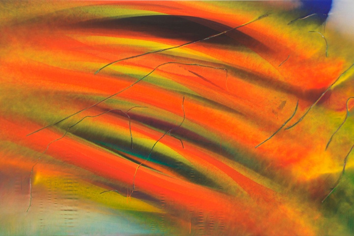 An action painting, where intense orange and lime green paint streaks back and forth across the canvas. Darker and hazier areas offer contrast in the background.